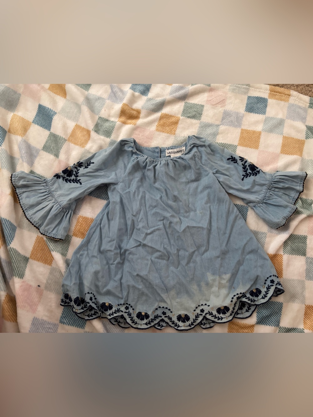 Artisan Ny Light Blue Ruffled Neckline Dress